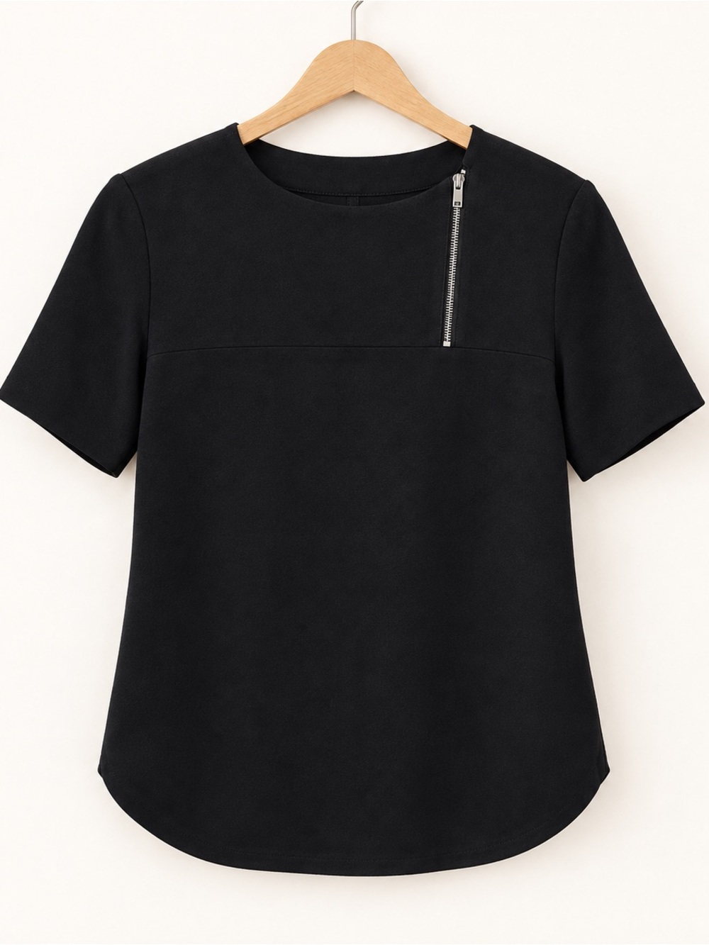 Tibi Black Short-Sleeve Top with Asymmetrical Zip